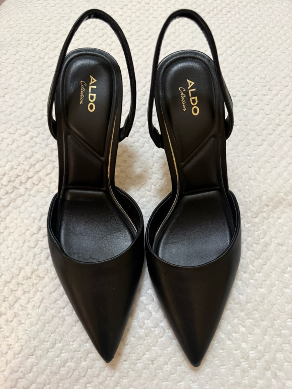 ALDO Black Pointed Slingback Heels with Gold Logo